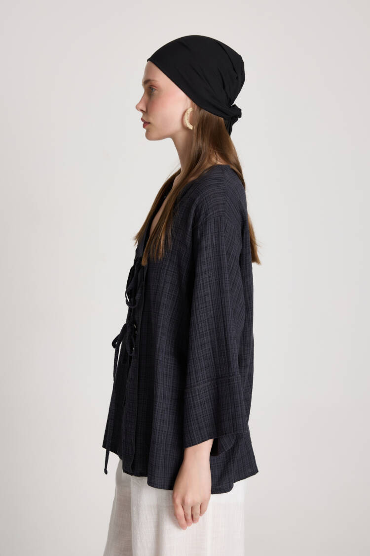 Black Checkered Casual Boho Kimono