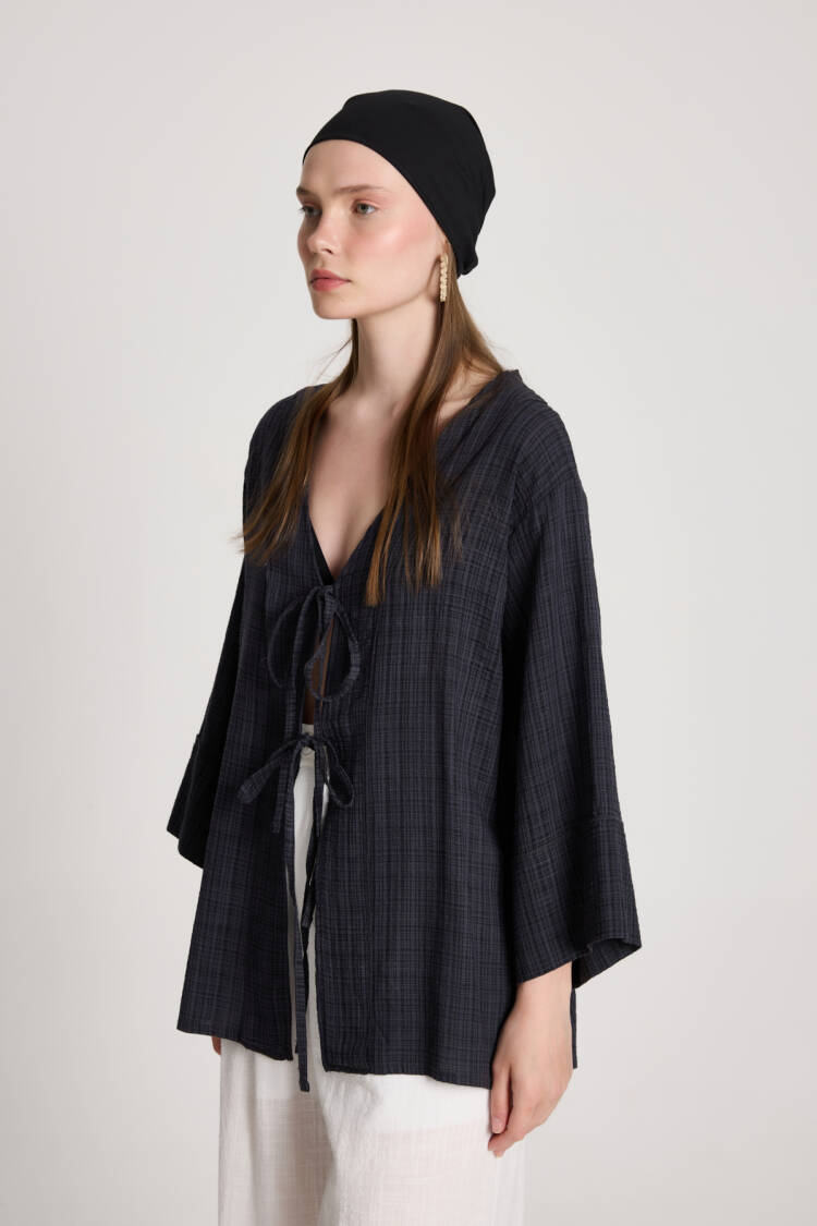 Black Checkered Casual Boho Kimono