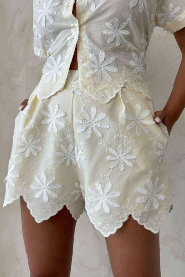 Ecru Paper Bag Shorts With Floral Pattern