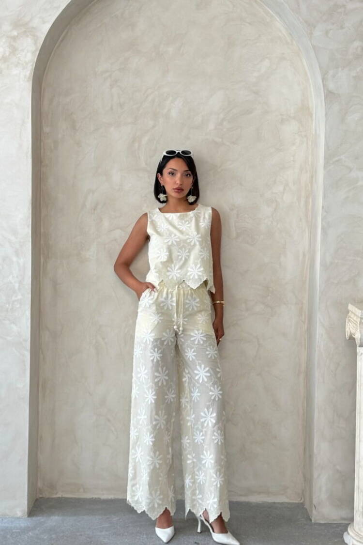 White Floral Palazzo Pants