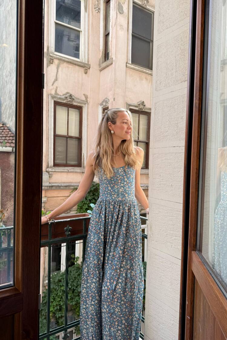 Blue Floral Maxi Slip Dress With Cap Sleeves