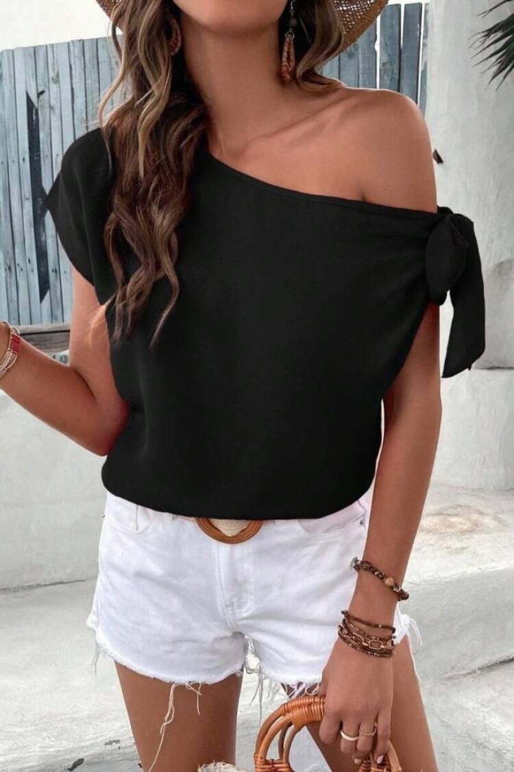 Black One Shoulder Neck Cap Sleeve Blouse
