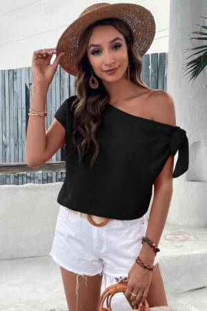 Black One Shoulder Neck Cap Sleeve Blouse - Brand: Janes - Women's Clothing Wholesale - Globality Store