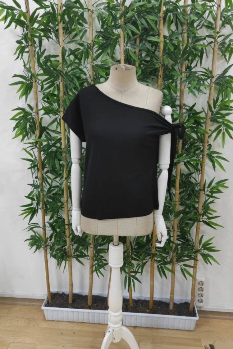 Black One Shoulder Neck Cap Sleeve Blouse