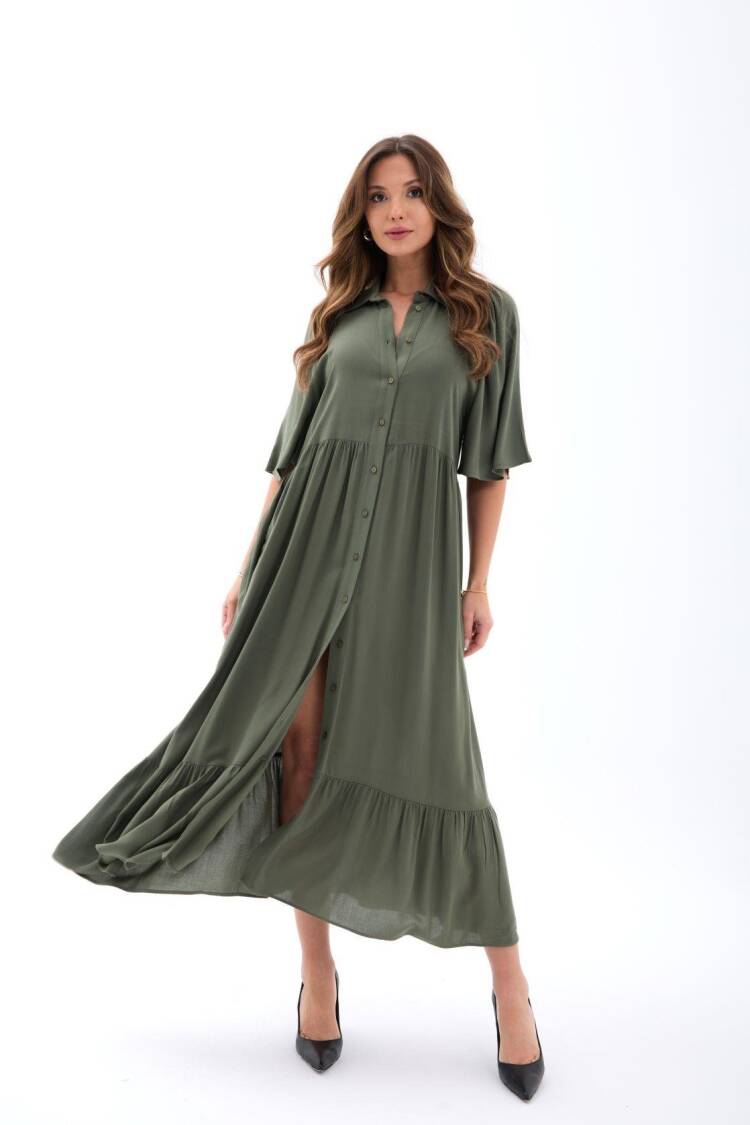 Green Casual Elegant Shirt Dress With Polo Neck
