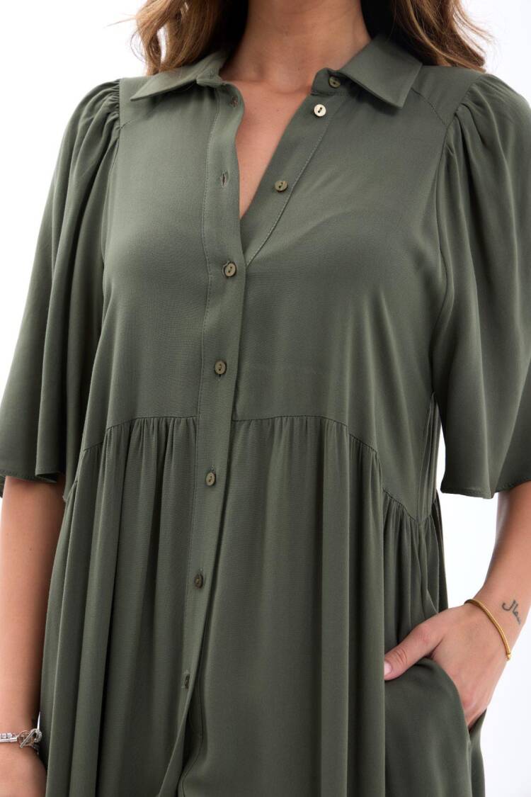 Green Casual Elegant Shirt Dress With Polo Neck