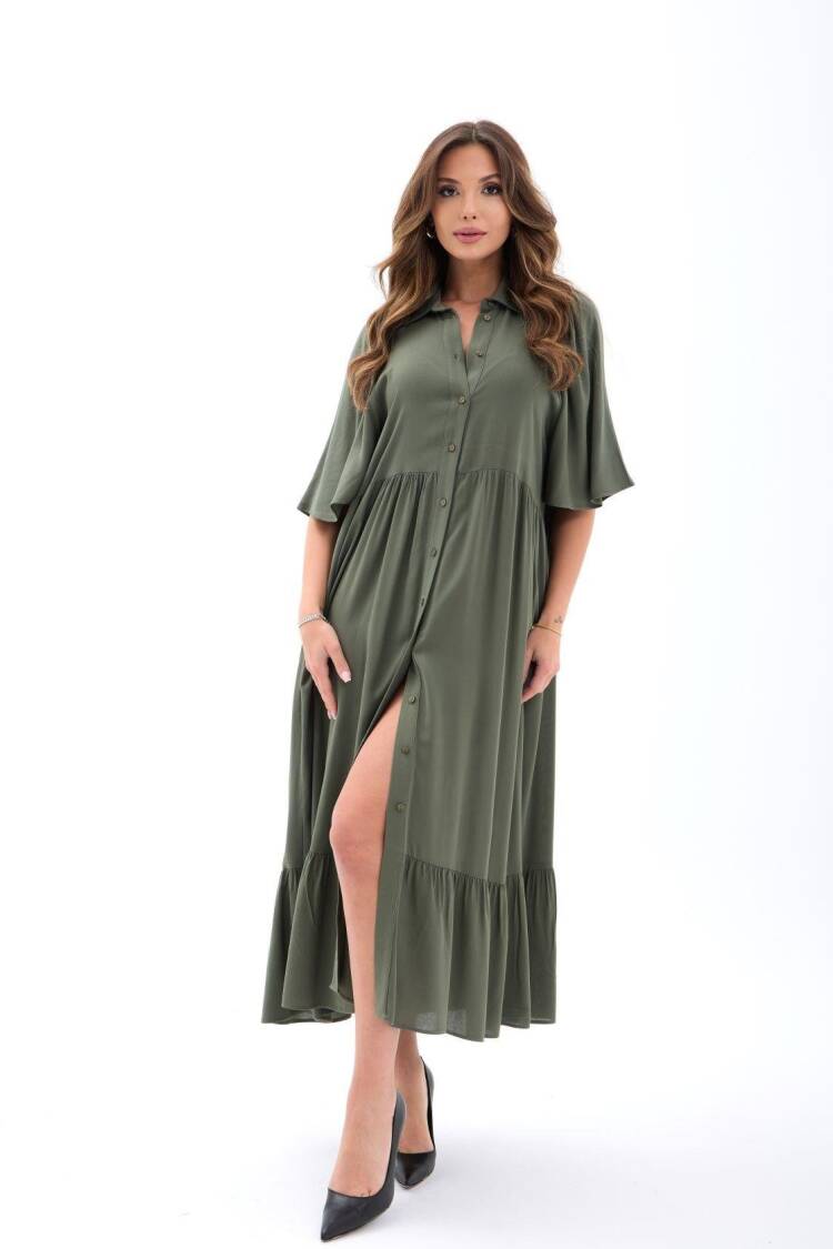Green Casual Elegant Shirt Dress With Polo Neck - Brand: Fame - Women's Clothing Wholesale - Globality Store