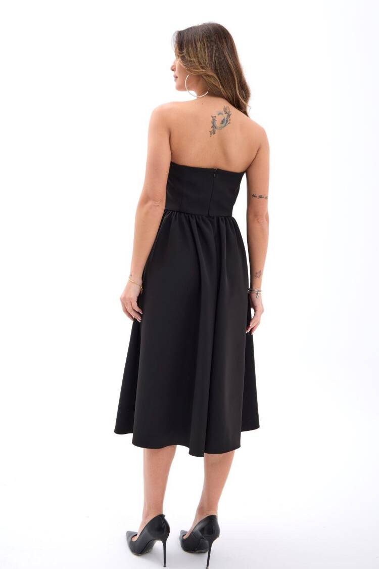 Black Strapless Sleeveless A-Line Midi Dress