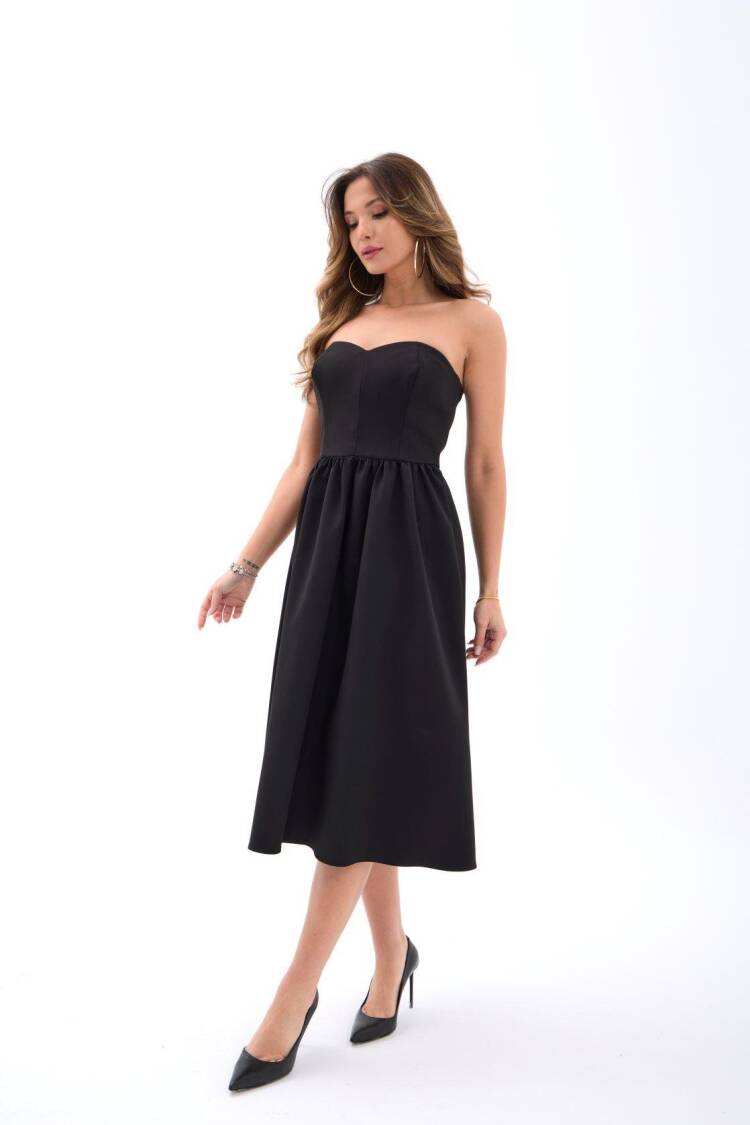 Black Strapless Sleeveless A-Line Midi Dress