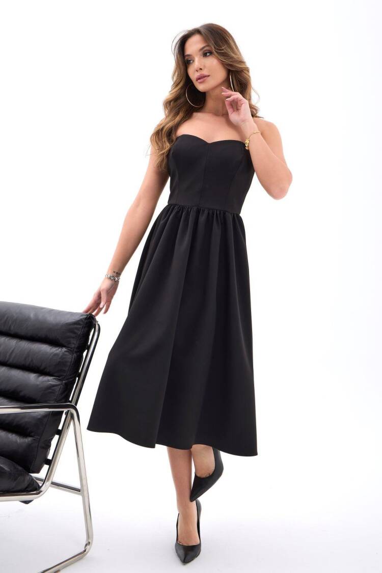 Black Strapless Sleeveless A-Line Midi Dress