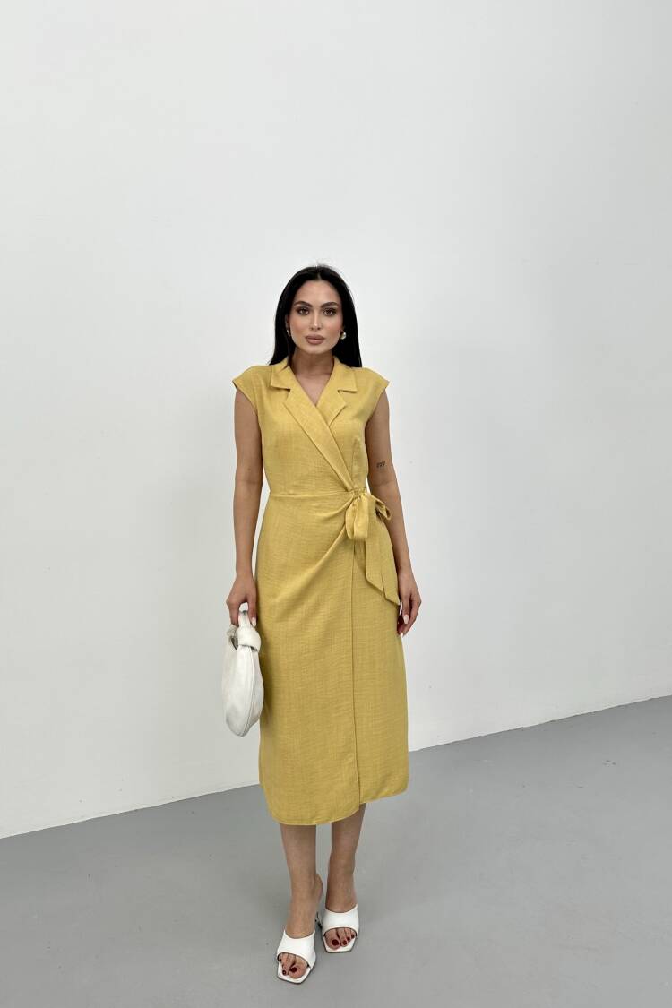 Elegant Yellow Wrap Dress With Notched Neck