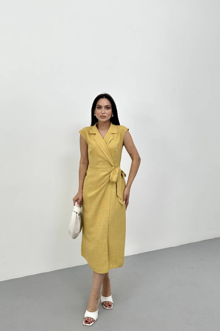 Elegant Yellow Wrap Dress With Notched Neck - Brand: STEPS - Women's Clothing Wholesale - Globality Store