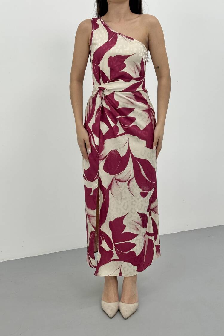 Fuchsia Sleeveless One Shoulder Neck Slit Midi Dress