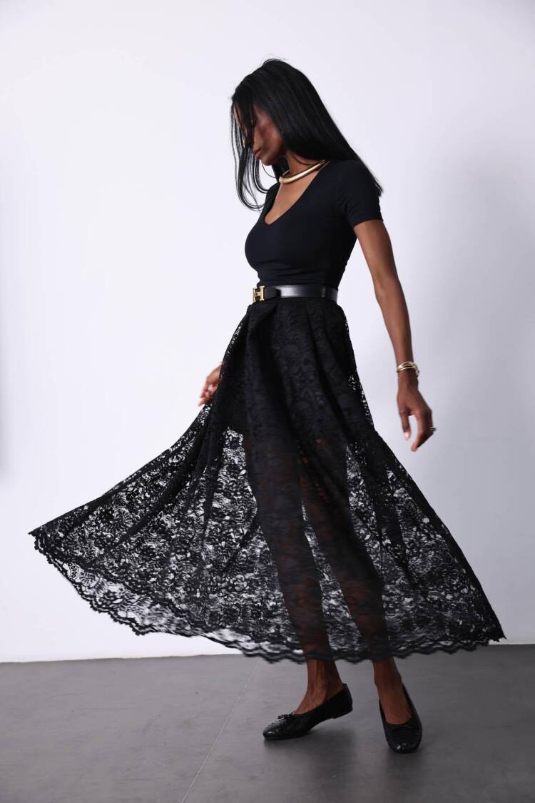 Black Elegant Flared Maxi Skirt High Waist