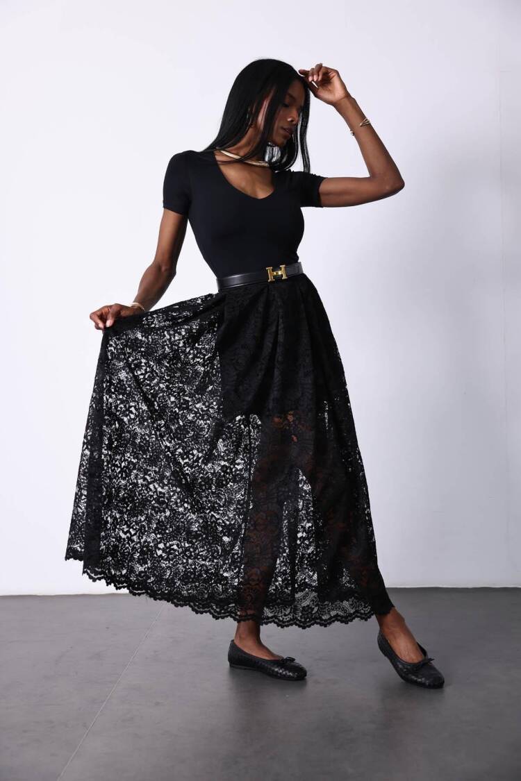 Black Elegant Flared Maxi Skirt High Waist