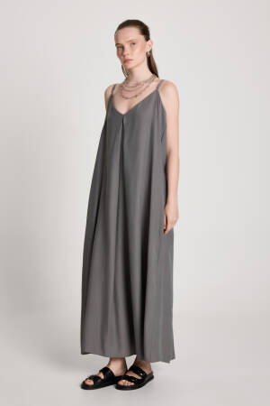 Grey Slip Dress With V-Neck - Elegant Floor Length - Brand: First Angels - Women's Clothing Wholesale - Globality Store