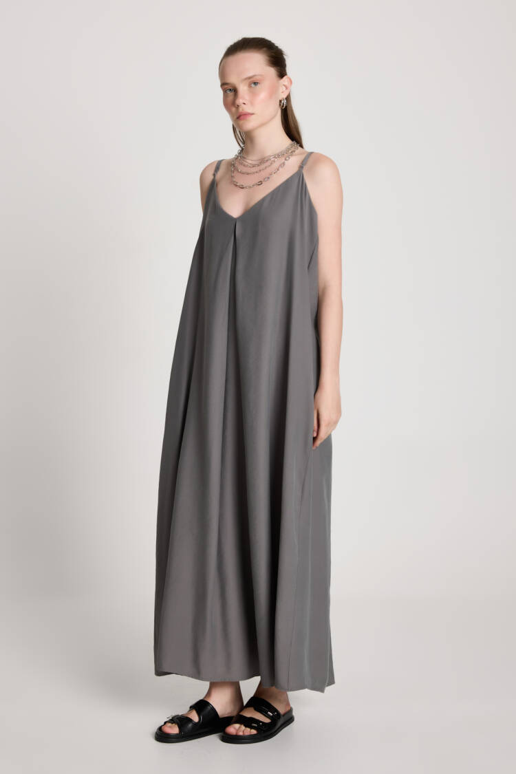 Grey Slip Dress With V-Neck - Elegant Floor Length - Brand: First Angels - Women's Clothing Wholesale - Globality Store