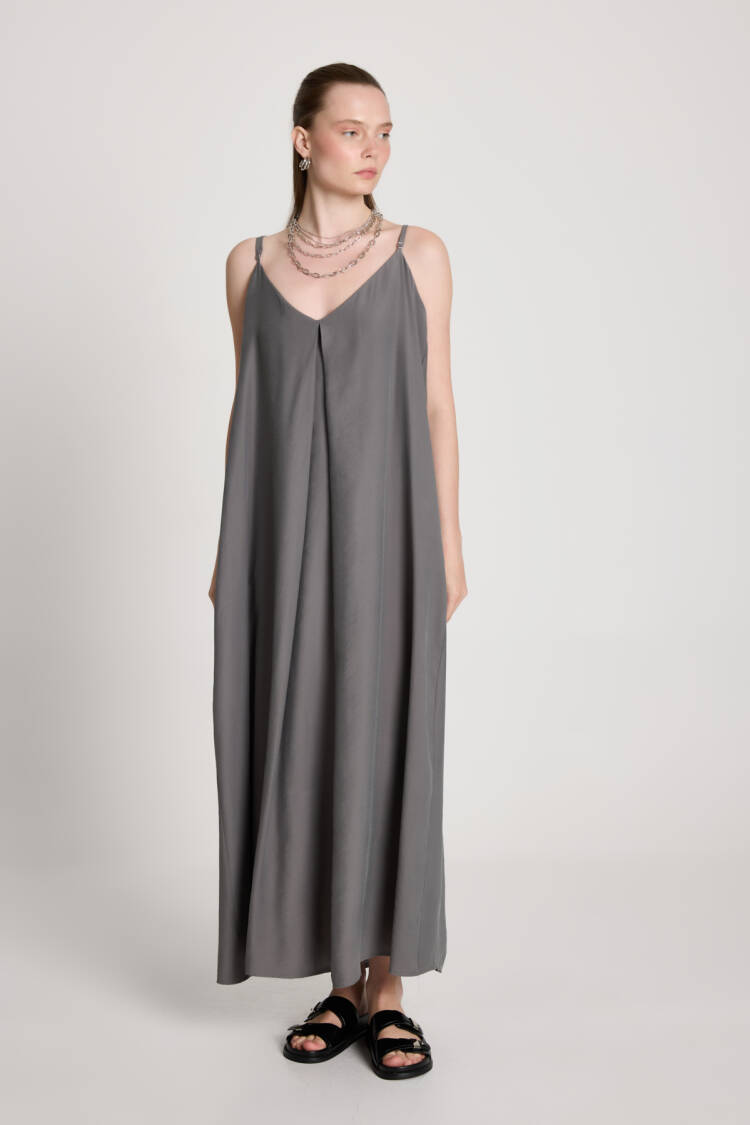 Grey Slip Dress With V-Neck - Elegant Floor Length