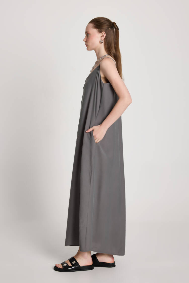 Grey Slip Dress With V-Neck - Elegant Floor Length
