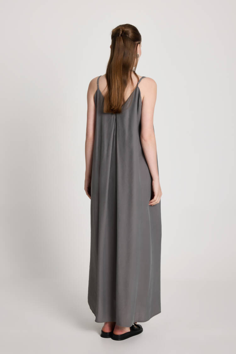 Grey Slip Dress With V-Neck - Elegant Floor Length