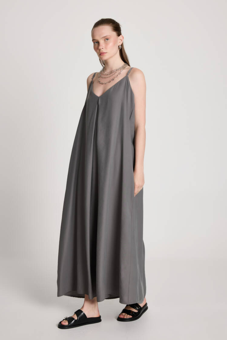 Grey Slip Dress With V-Neck - Elegant Floor Length