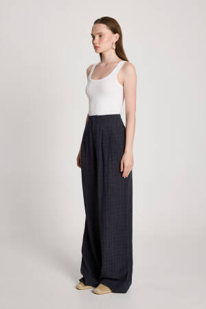Navy Blue Palazzo Pants With Checkered Pattern - Brand: First Angels - Women's Clothing Wholesale - Globality Store