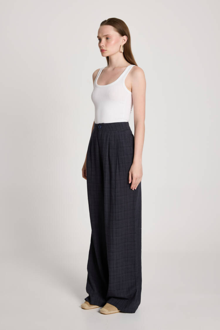 Navy Blue Palazzo Pants With Checkered Pattern - Brand: First Angels - Women's Clothing Wholesale - Globality Store