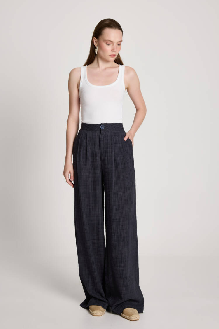 Navy Blue Palazzo Pants With Checkered Pattern