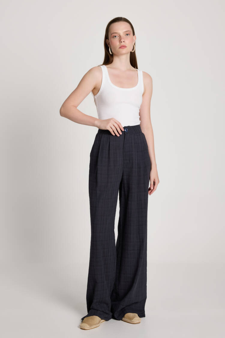 Navy Blue Palazzo Pants With Checkered Pattern
