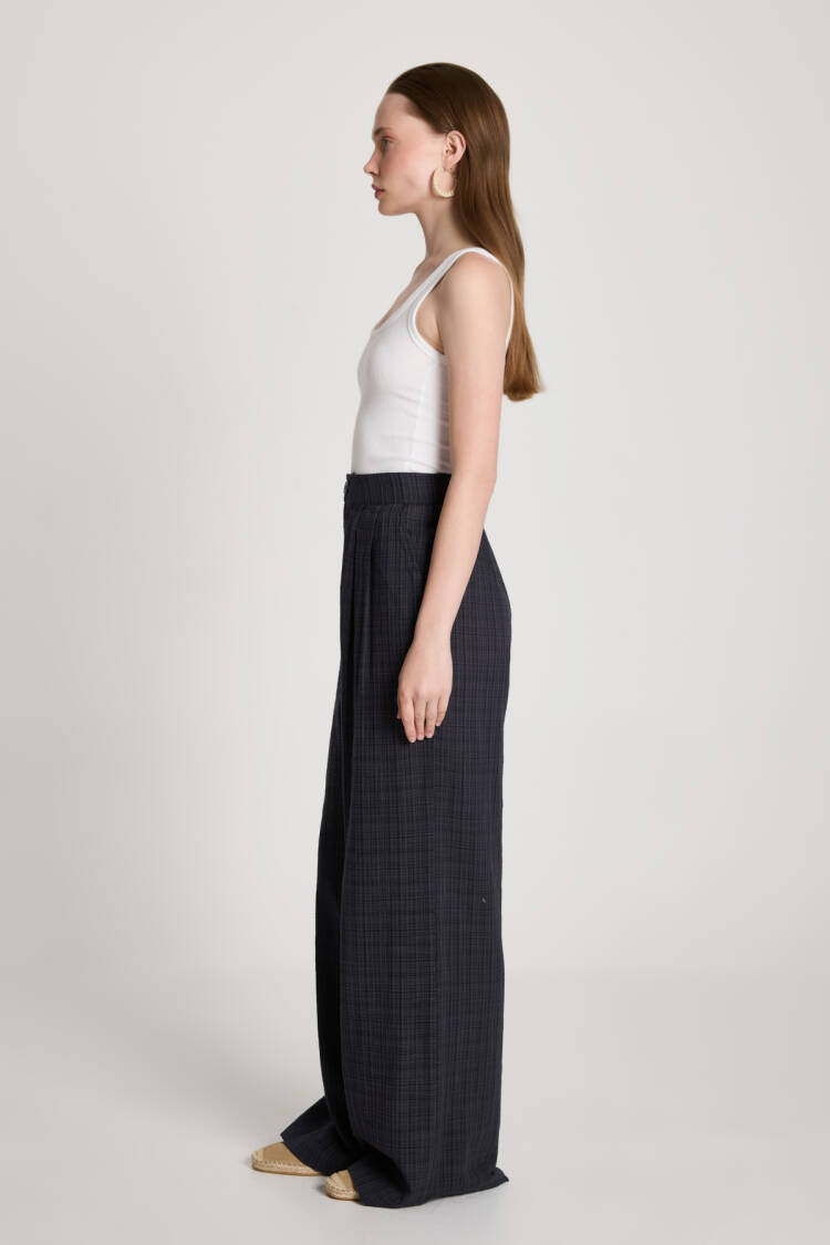 Navy Blue Palazzo Pants With Checkered Pattern
