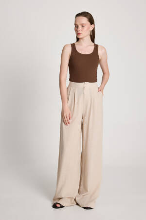 Beige Palazzo Pants High Waist Wide Leg - Brand: First Angels - Women's Clothing Wholesale - Globality Store