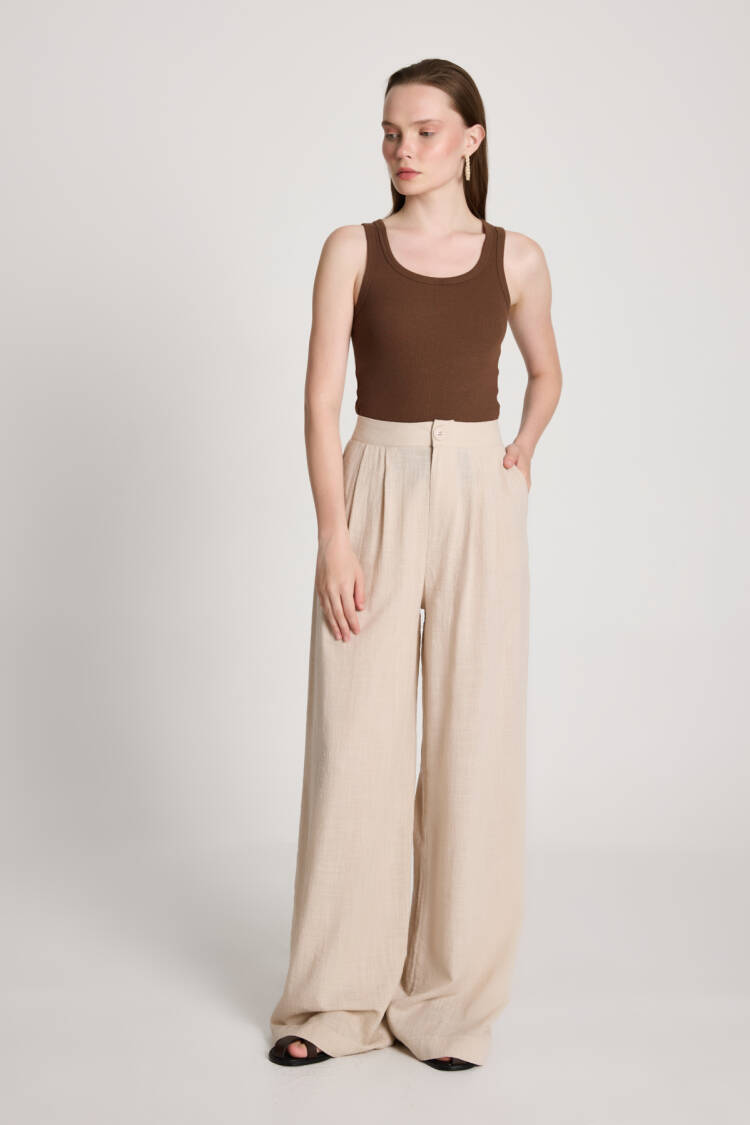 Beige Palazzo Pants High Waist Wide Leg - Brand: First Angels - Women's Clothing Wholesale - Globality Store