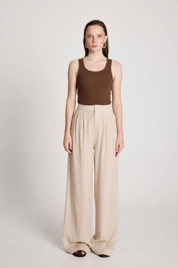Beige Palazzo Pants High Waist Wide Leg
