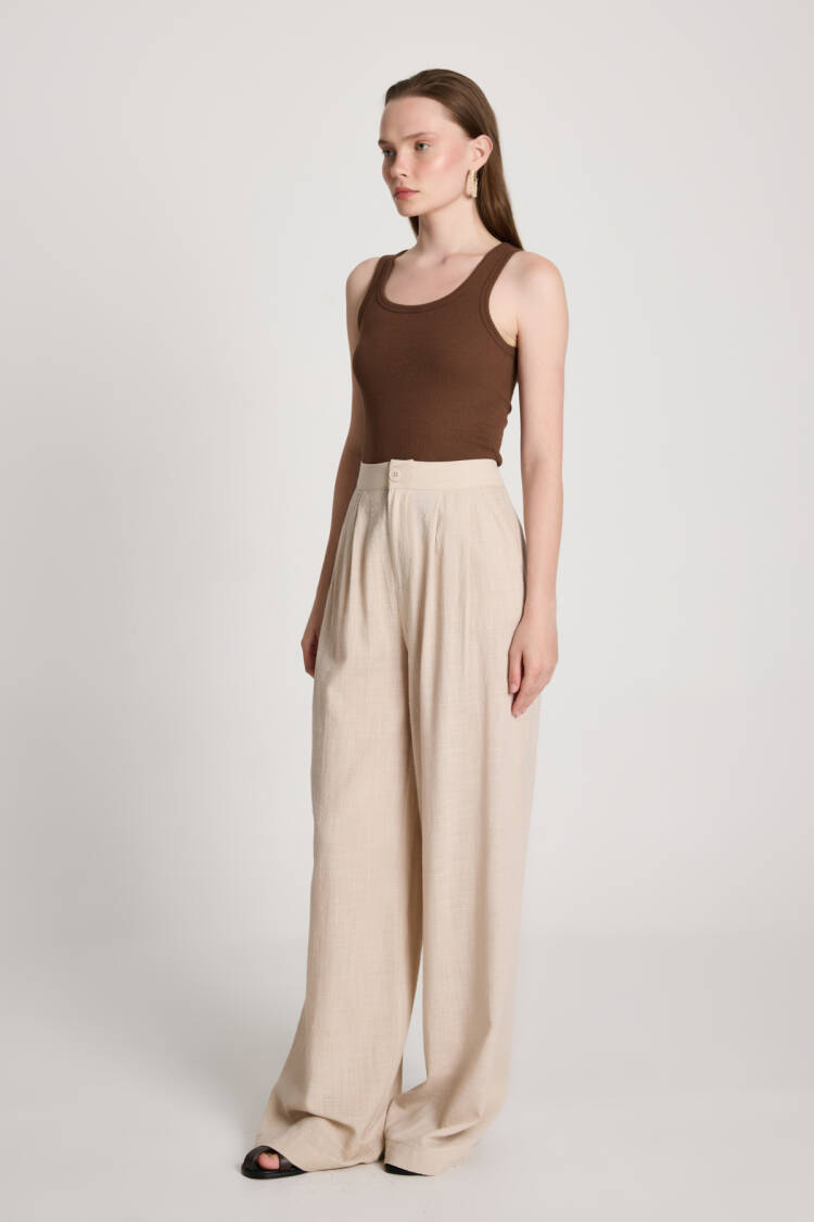Beige Palazzo Pants High Waist Wide Leg