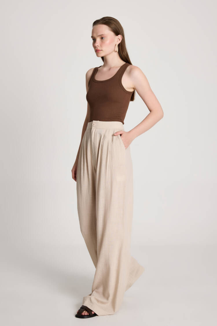 Beige Palazzo Pants High Waist Wide Leg
