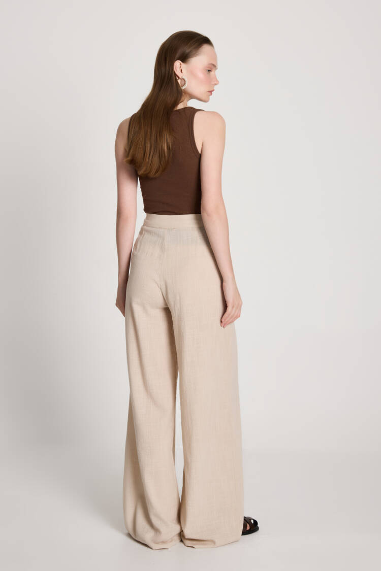 Beige Palazzo Pants High Waist Wide Leg