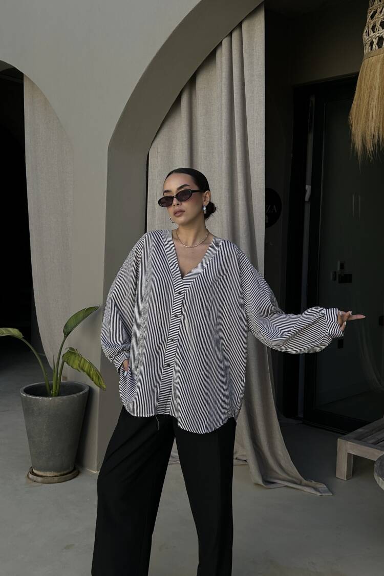 Black Oversized Striped V-Neck Shirt - Brand: First Angels - Women's Clothing Wholesale - Globality Store