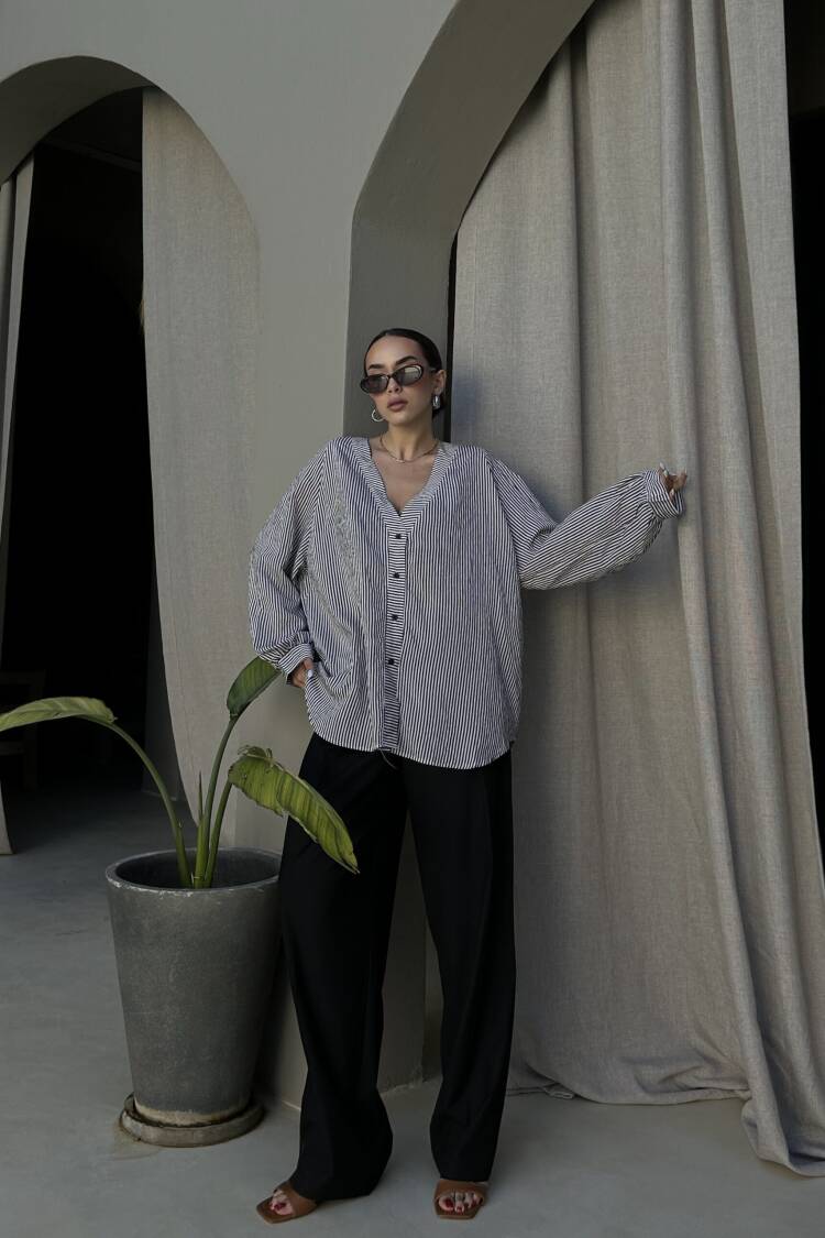 Black Oversized Striped V-Neck Shirt