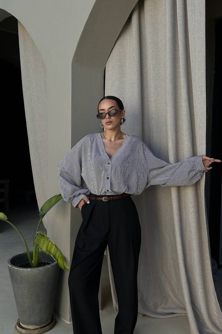 Black Oversized Striped V-Neck Shirt