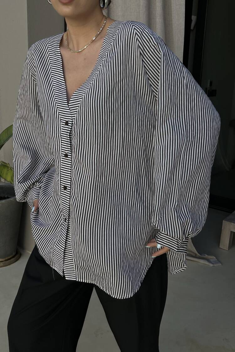 Black Oversized Striped V-Neck Shirt