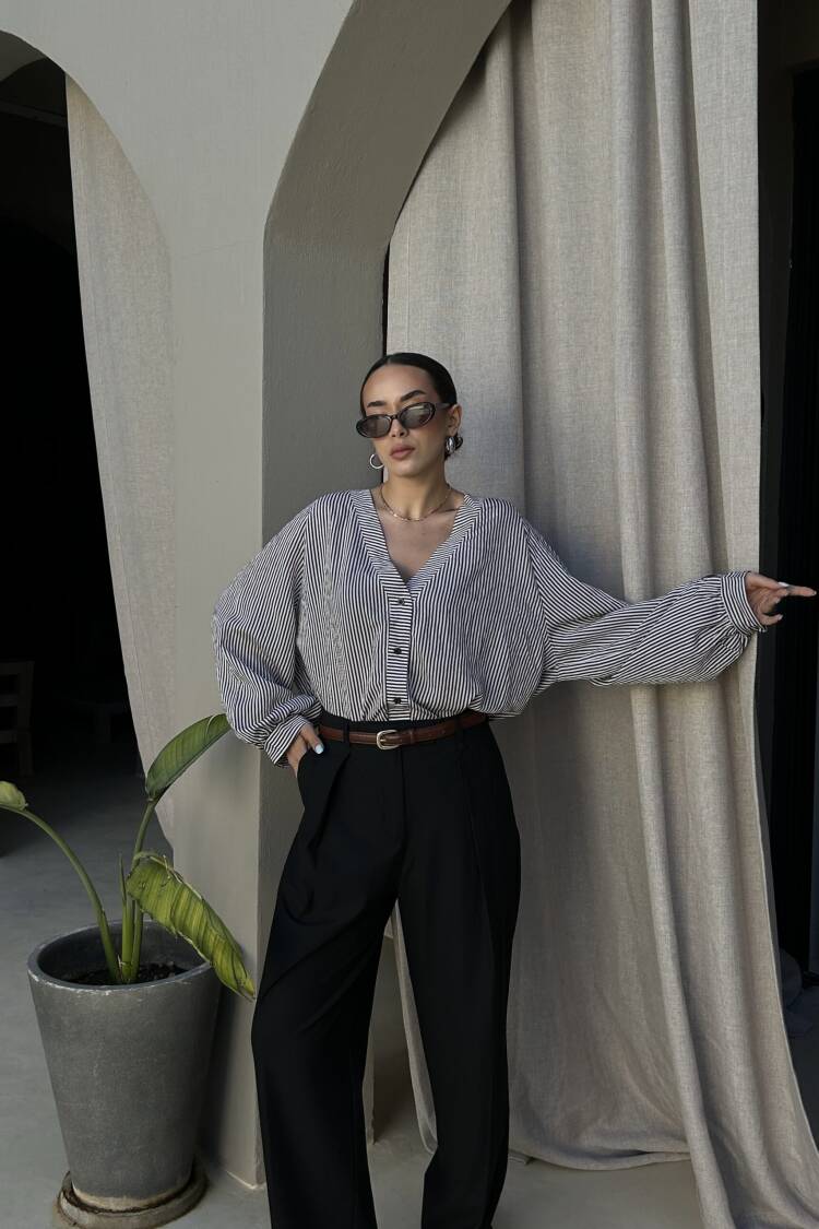 Black Oversized Striped V-Neck Shirt