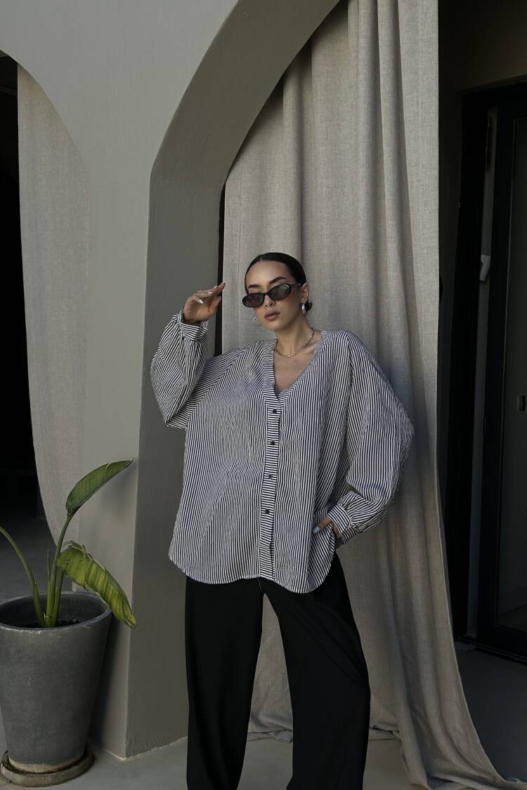 Black Oversized Striped V-Neck Shirt