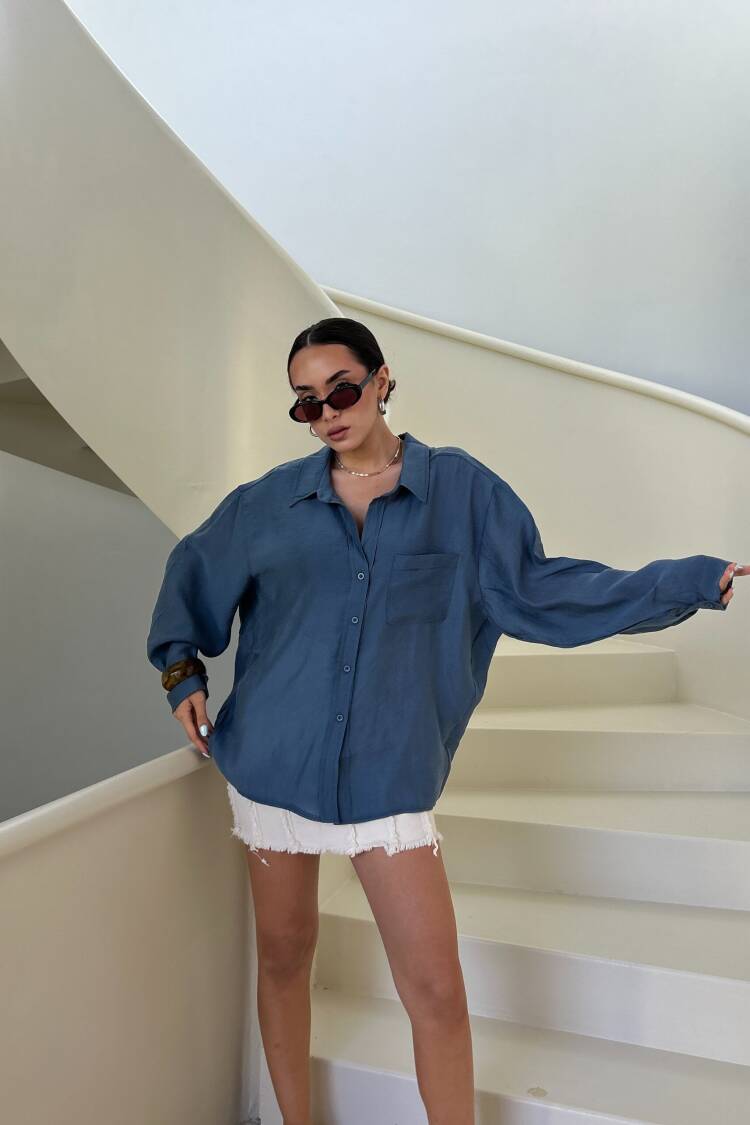 Blue Casual Oversized Fit One Shoulder Shirt - Brand: First Angels - Women's Clothing Wholesale - Globality Store