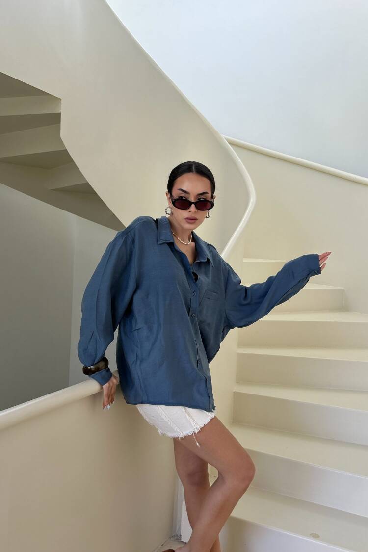 Blue Casual Oversized Fit One Shoulder Shirt