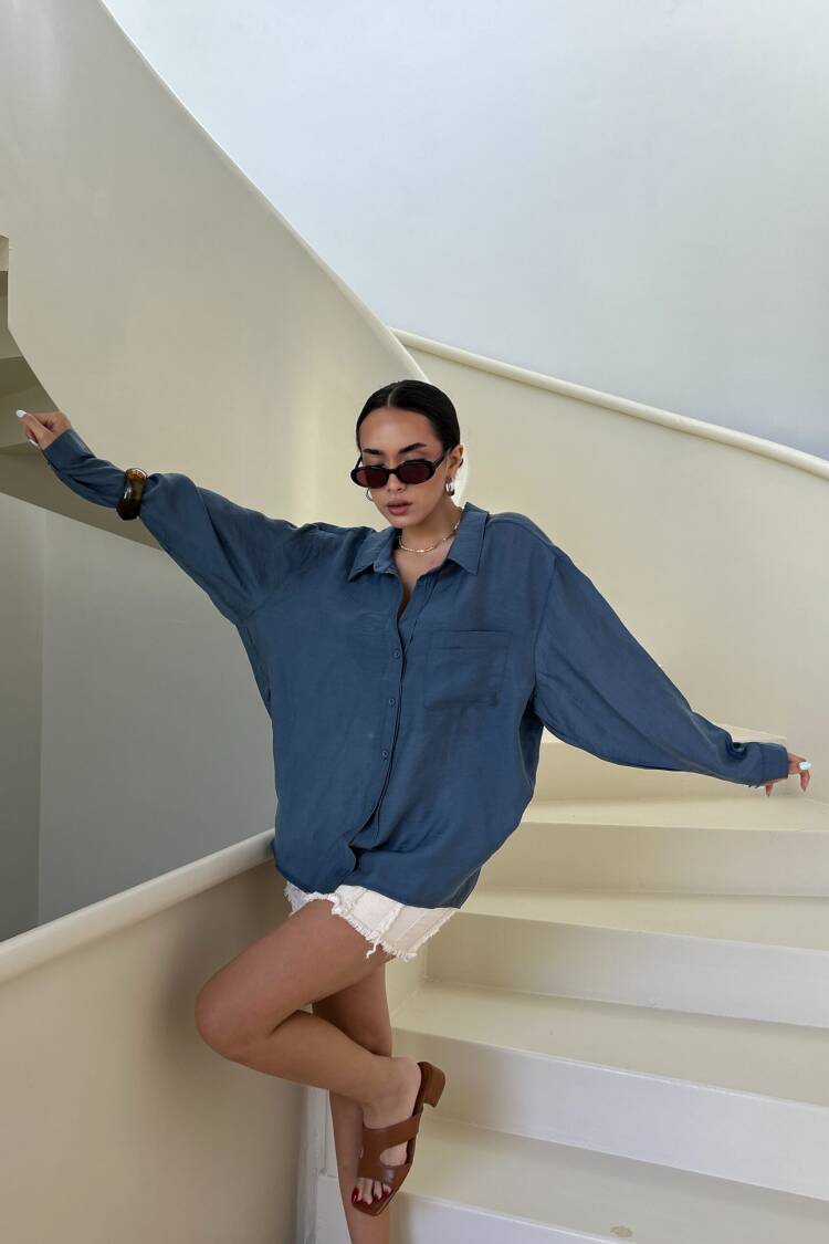 Blue Casual Oversized Fit One Shoulder Shirt
