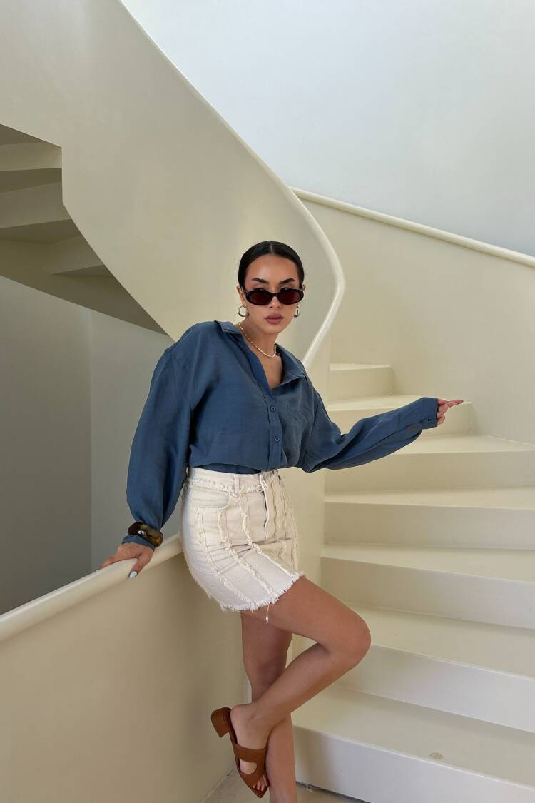 Blue Casual Oversized Fit One Shoulder Shirt