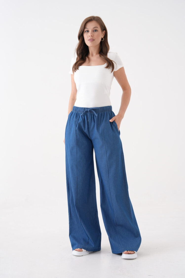 Blue Palazzo Pants With Wide Leg And Drawstring