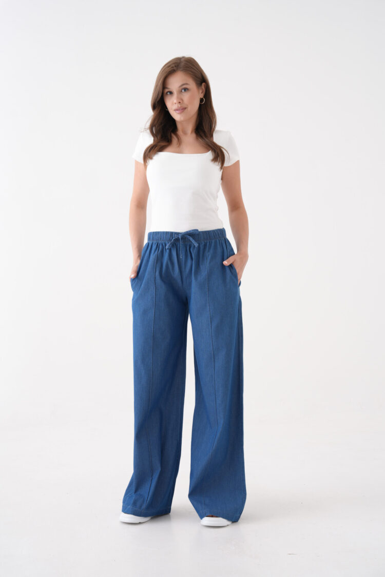 Blue Palazzo Pants With Wide Leg And Drawstring