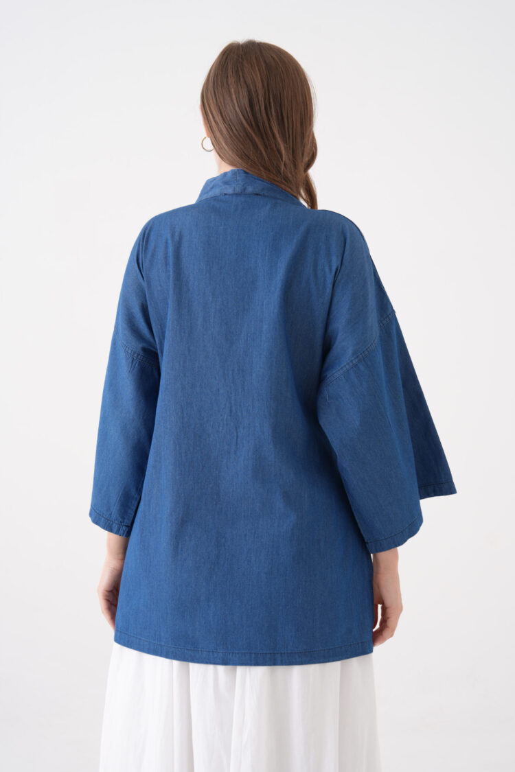 Blue Kimono With V-Neck And 3/4 Straight Sleeves