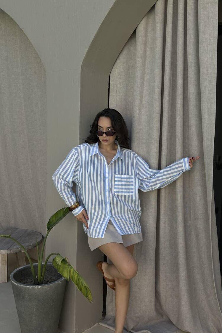 Striped Oversized Fit Shirt With Square Neck - Brand: First Angels - Women's Clothing Wholesale - Globality Store